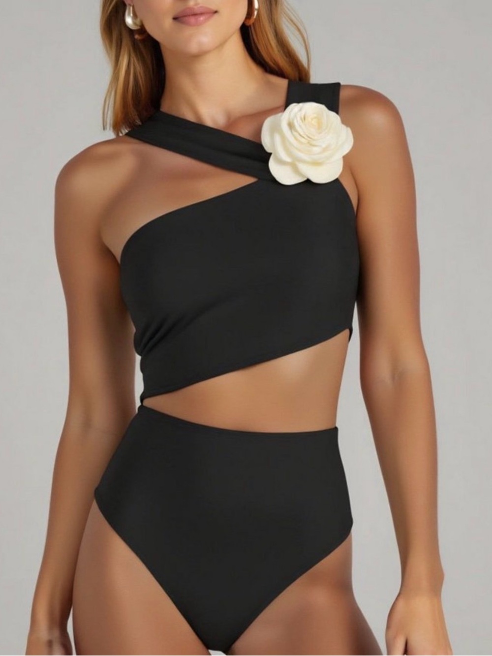 NWT Knit and Lounge One Shoulder Floral Detail Asymmetrical High Waist Swimsuit - Picture 3 of 14